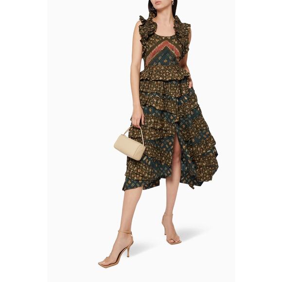 ULLA JOHNSON Nia Tiered Ruffle Dress Jasper Size 2 - Picture 4 of 13